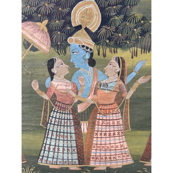 Krishna and Gopis with sacred cows waterliles large painted fabric canvas - Picture 2 of 8